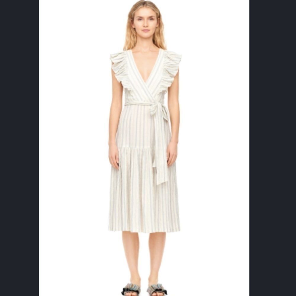 Rebecca Taylor Striped Midi DRESS sz 4 cream white blue ruffle